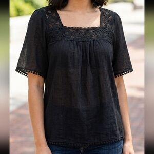 RICKI’S Black Crochet Lace Square Neck Boho Blouse Circle Trim Size L